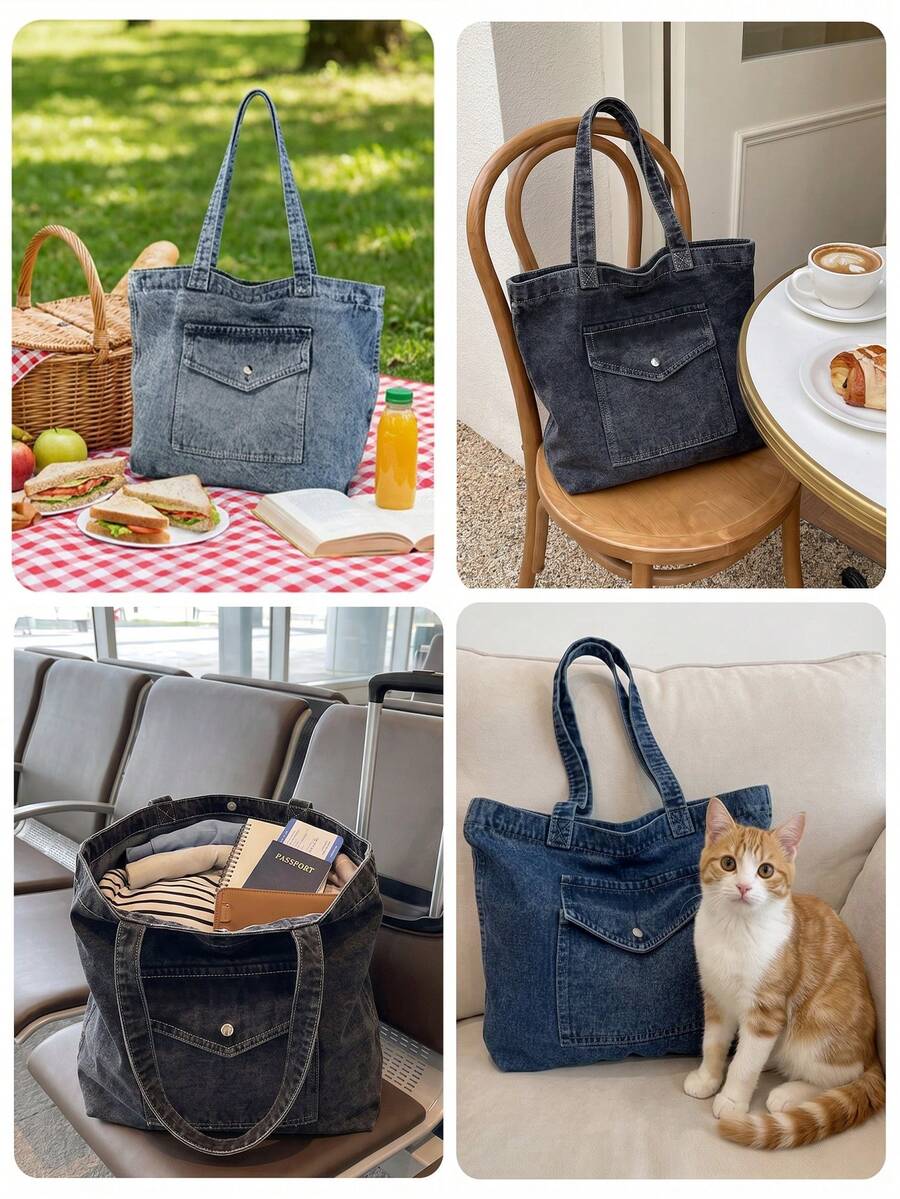 Vintage Distressed Denim Tote Bag For Women Casual Shoulder Bag Black Purse Spacious Handbag For Cow Girl Travel Essential Back To School Outfits