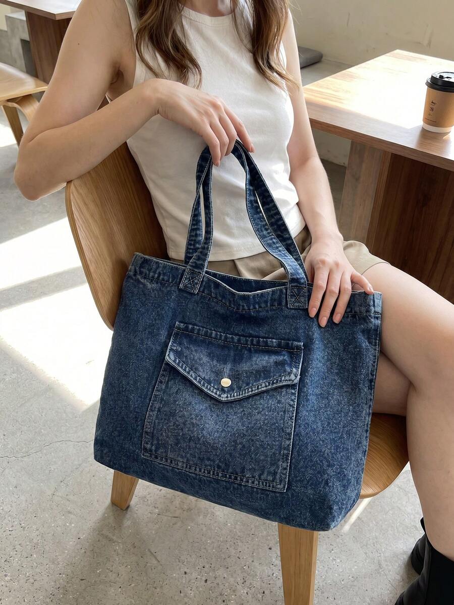 Vintage Distressed Denim Tote Bag For Women Casual Shoulder Bag Black Purse Spacious Handbag For Cow Girl Travel Essential Back To School Outfits