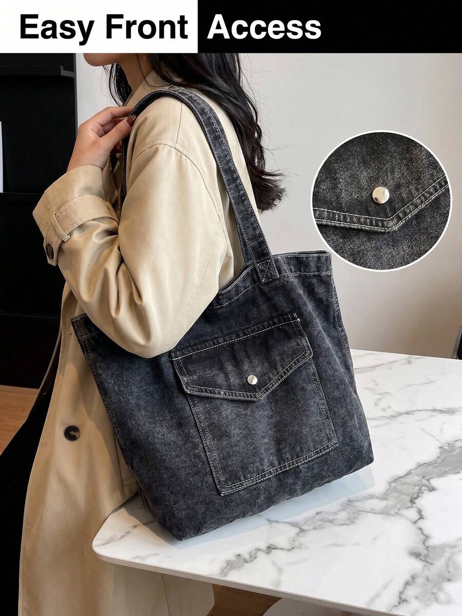 Vintage Distressed Denim Tote Bag For Women Casual Shoulder Bag Black Purse Spacious Handbag For Cow Girl Travel Essential Back To School Outfits