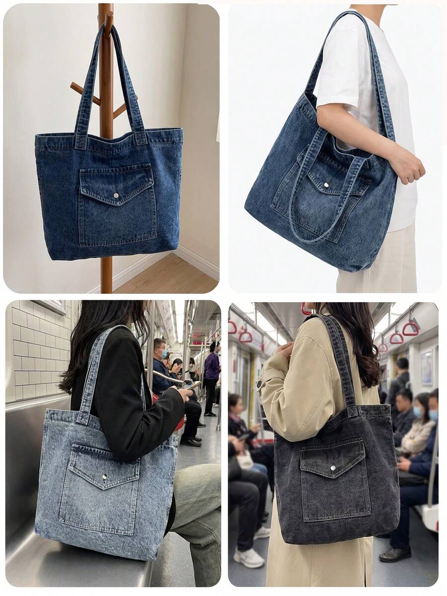 Vintage Distressed Denim Tote Bag For Women Casual Shoulder Bag Black Purse Spacious Handbag For Cow Girl Travel Essential Back To School Outfits