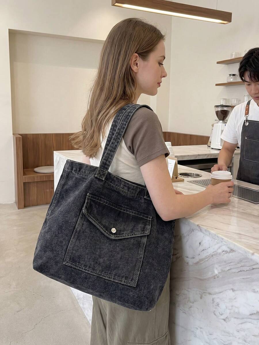 Vintage Distressed Denim Tote Bag For Women Casual Shoulder Bag Black Purse Spacious Handbag For Cow Girl Travel Essential Back To School Outfits