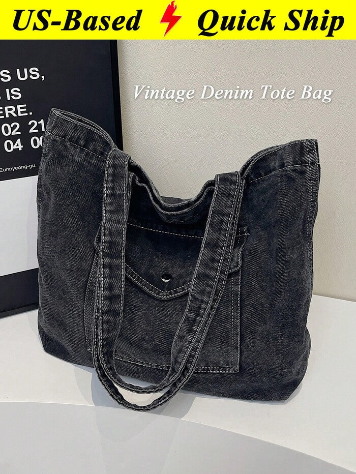 Vintage Distressed Denim Tote Bag For Women Casual Shoulder Bag Black Purse Spac