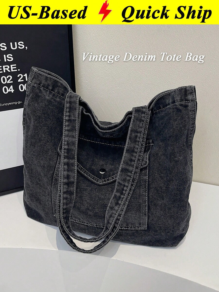 Vintage Distressed Denim Tote Bag For Women Casual Shoulder Bag Black Purse Spacious Handbag For Cow Girl Travel Essential Back To School Outfits