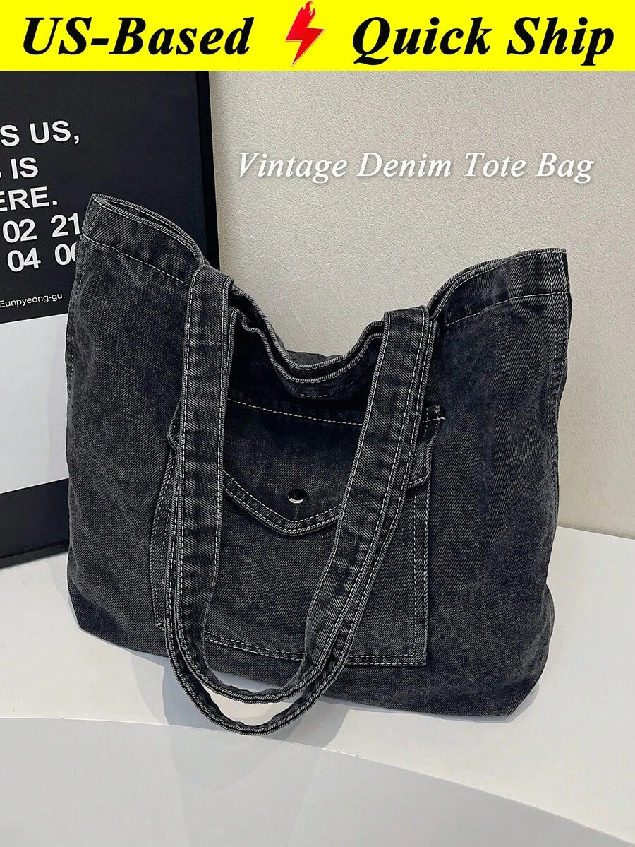 Vintage Distressed Denim Tote Bag For Women Casual Shoulder Bag Black Purse Spacious Handbag For Cow Girl Travel Essential Back To School Outfits