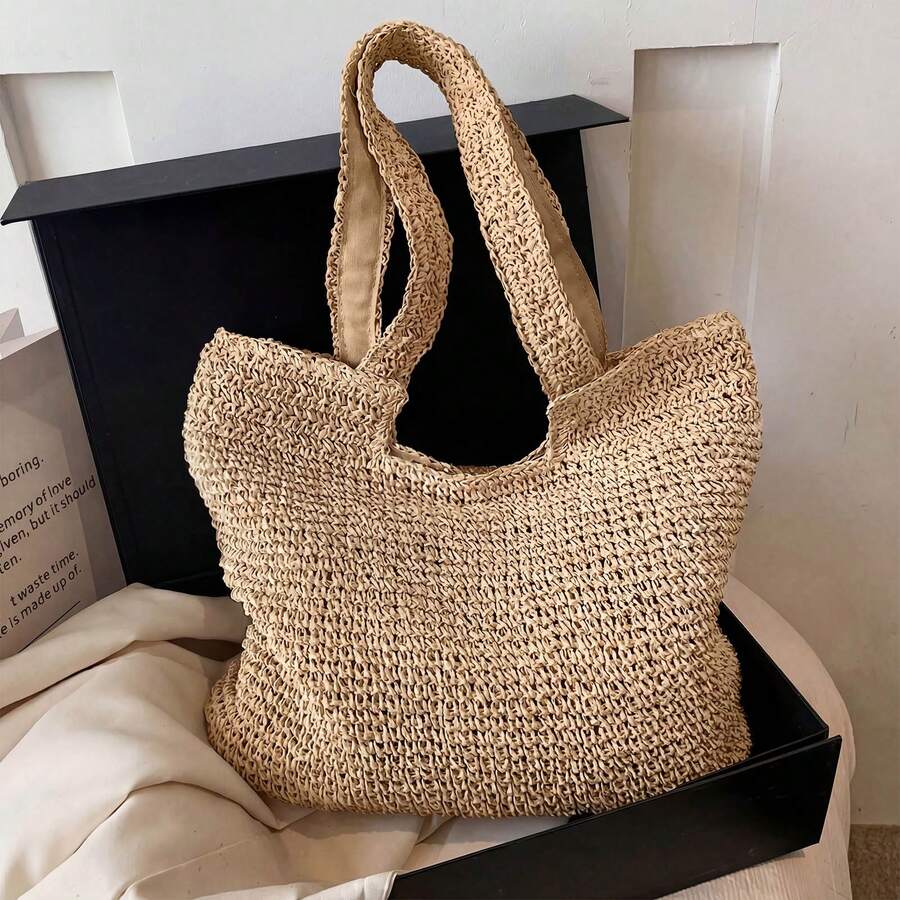 Hatisan Straw Beach Bag For Women Summer Woven Beach Tote Bag Shoulder Handbags Boho Bag, Suitable With Dress For Shopping, Travel,Vacation Essentials