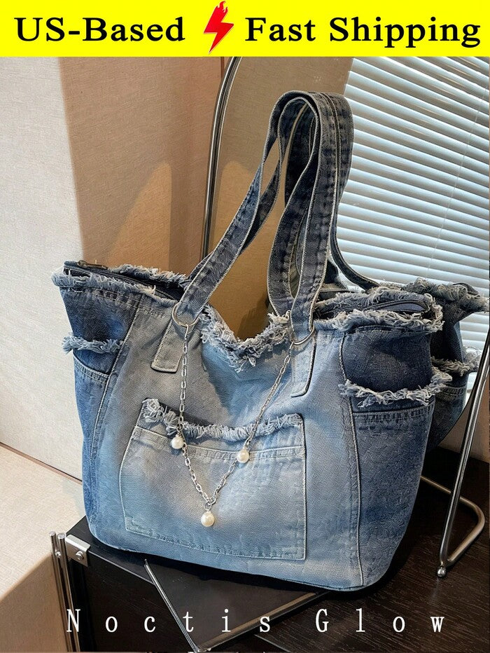 Women's Large Capacity Denim Tote Bag Retro Stylish Shoulder Bag Casual Handbag
