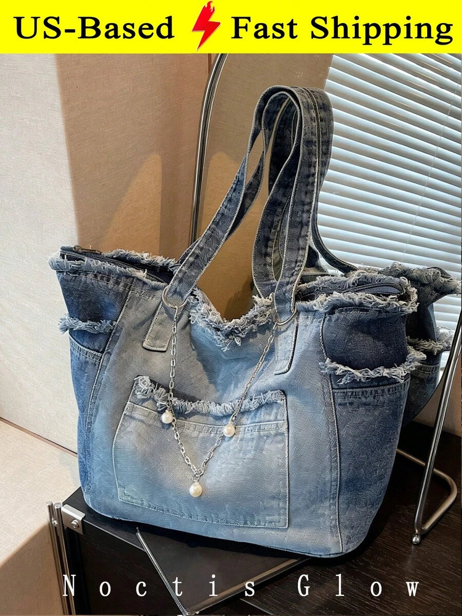Women's Large Capacity Denim Tote Bag Retro Stylish Shoulder Bag Casual Handbag Perfect For Daily Commute Trip Shopping Work Back To School Outfits