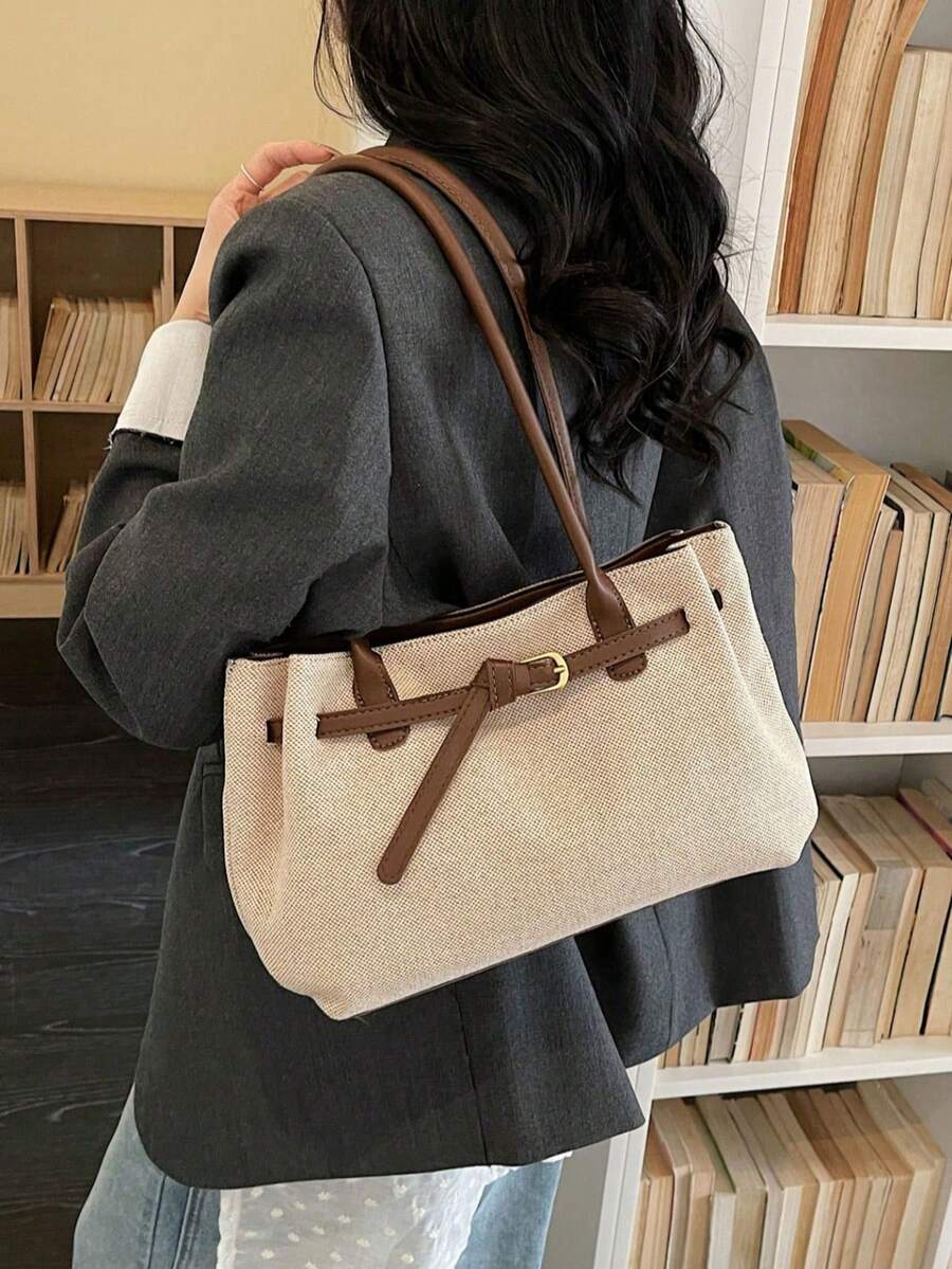 Casual Woven Fabric Tote Bag, Flexible Fabric Body With Full Edge Glossy PU Reinforcement, Front Belt Buckle Decor Strap With Adjustable Looseness, Spacious Unpartitioned Interior With Ample Storage S