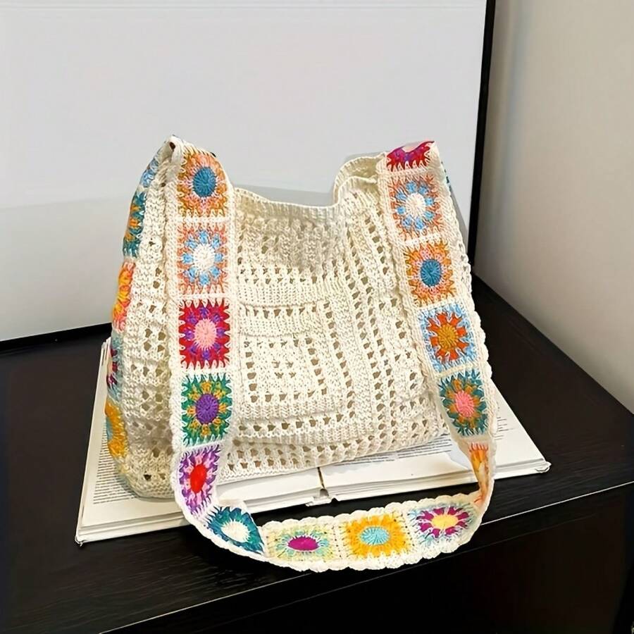 Stylish Women's Knitted Shoulder Bags, Crocheted, Large-Capacity Handbags, Summer Beach Bags, Bohemian Woven Bags, Crossbody Bags