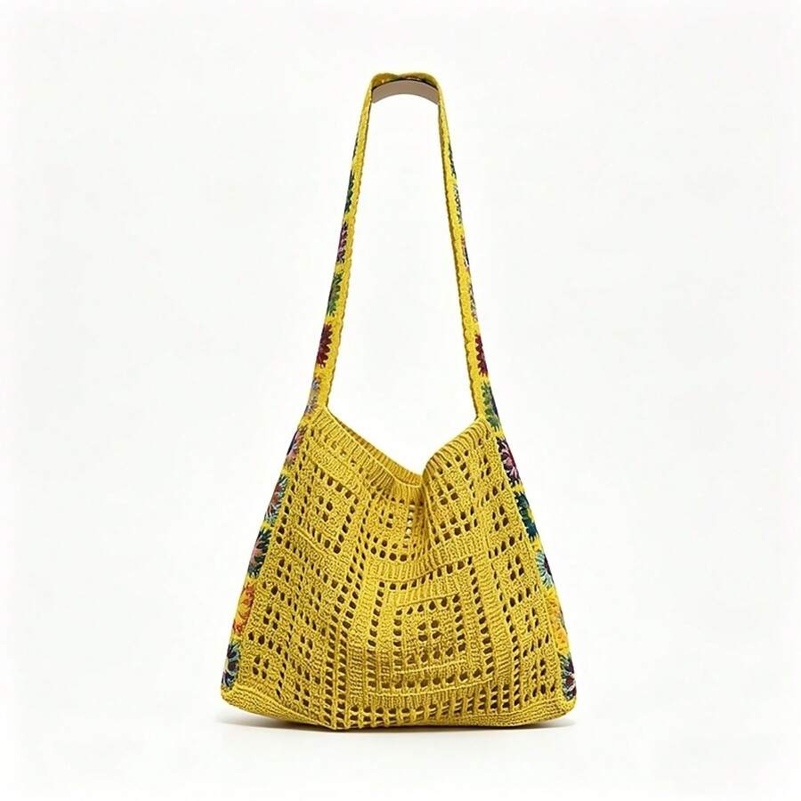 Stylish Women's Knitted Shoulder Bags, Crocheted, Large-Capacity Handbags, Summer Beach Bags, Bohemian Woven Bags, Crossbody Bags