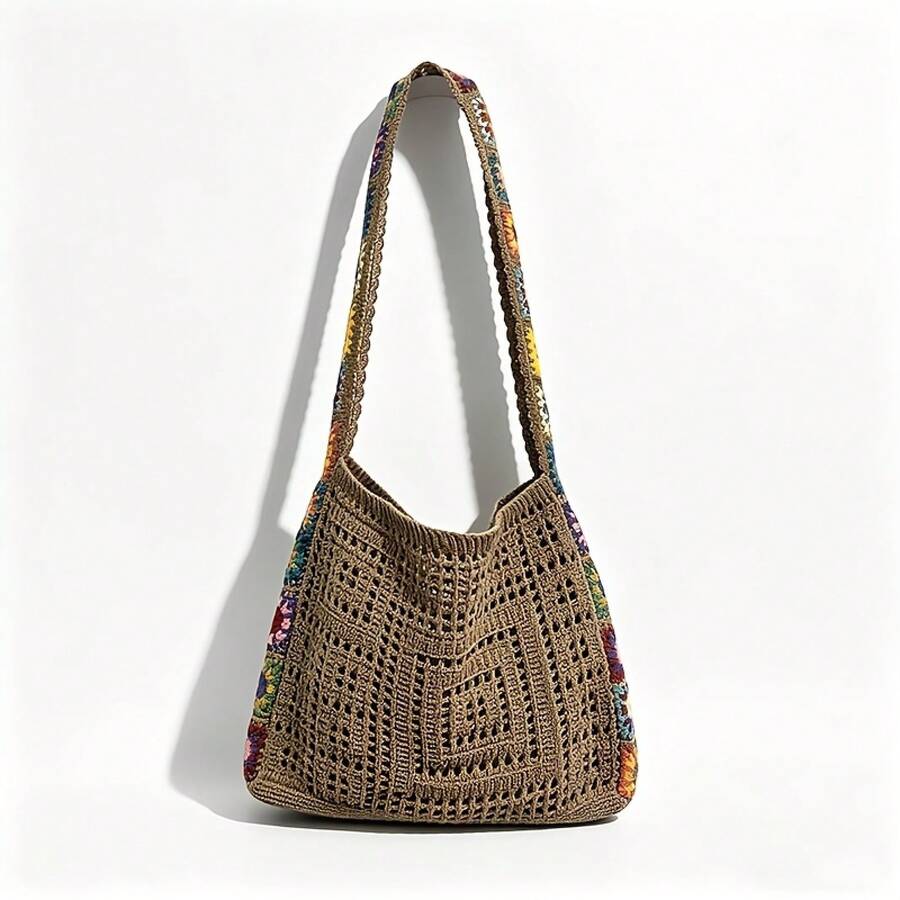Stylish Women's Knitted Shoulder Bags, Crocheted, Large-Capacity Handbags, Summer Beach Bags, Bohemian Woven Bags, Crossbody Bags