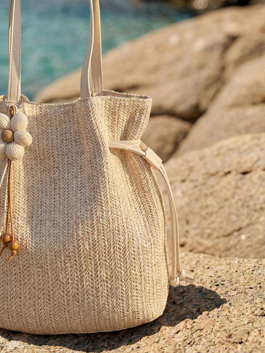 Swim Chiccia New Summer Beach Vacation Woven Tote Bag, Casual Commuter Shoulder Bag, Drawstring Closure Versatile Large Capacity Handbag For Women,Holiday