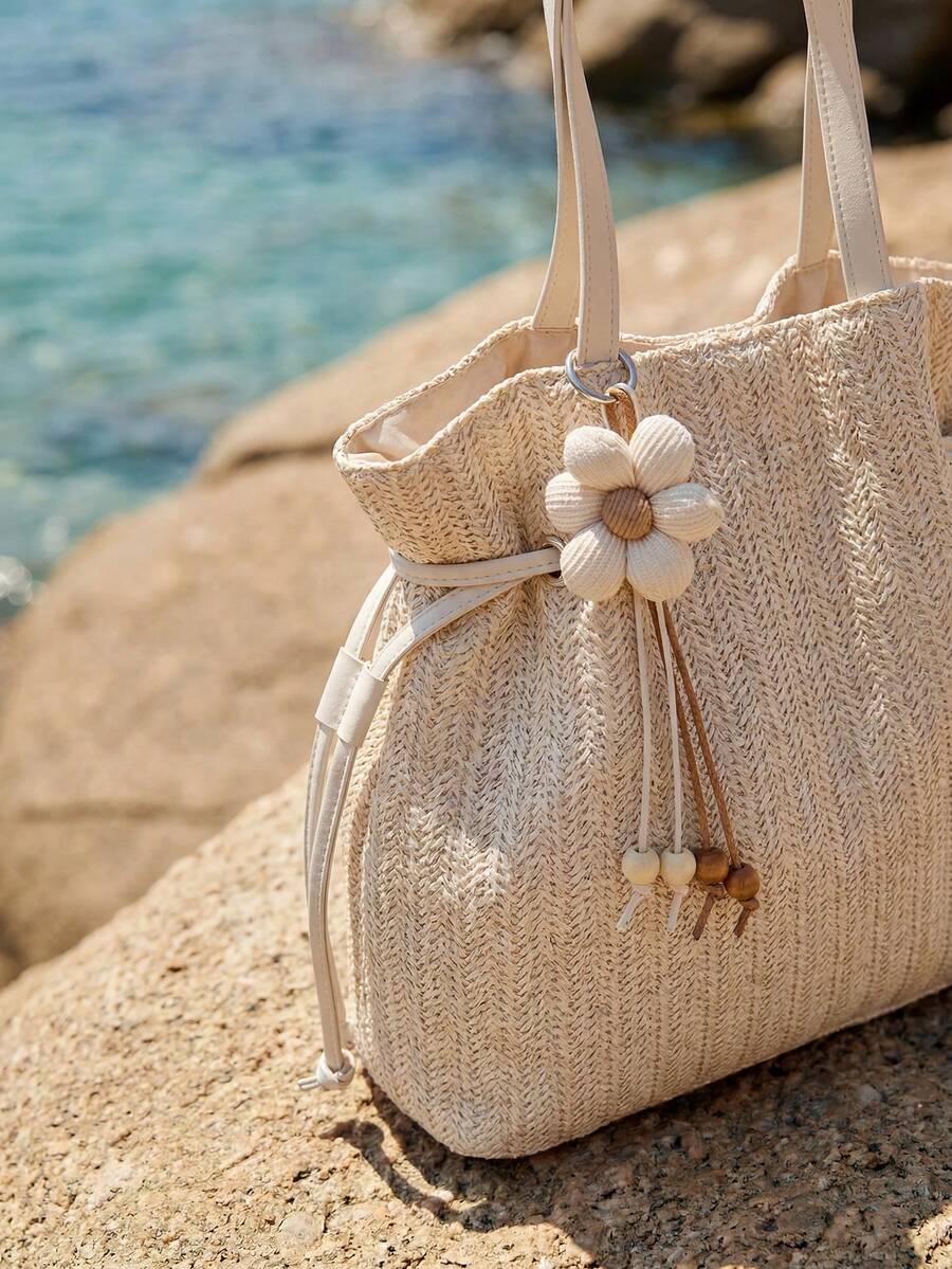 Swim Chiccia New Summer Beach Vacation Woven Tote Bag, Casual Commuter Shoulder Bag, Drawstring Closure Versatile Large Capacity Handbag For Women,Holiday