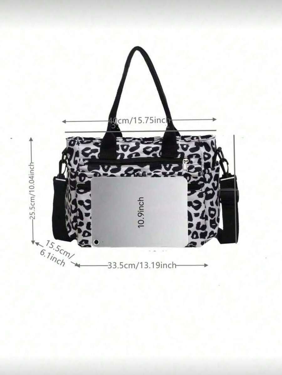 Chic Monochrome Print Commute Tote Bag, Double Front Zip Pockets Dual Carry Options Spacious Light Cloth Shoulder Bag For Students