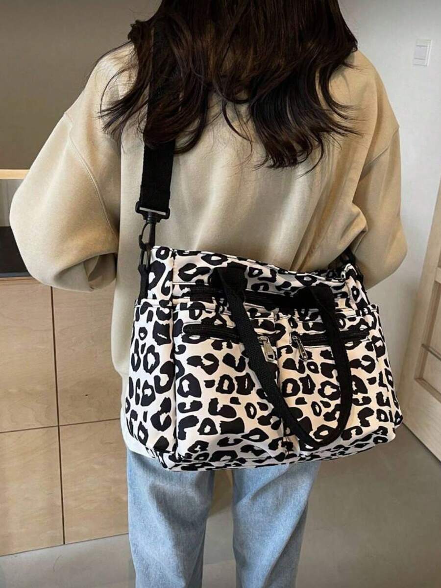 Chic Monochrome Print Commute Tote Bag, Double Front Zip Pockets Dual Carry Options Spacious Light Cloth Shoulder Bag For Students