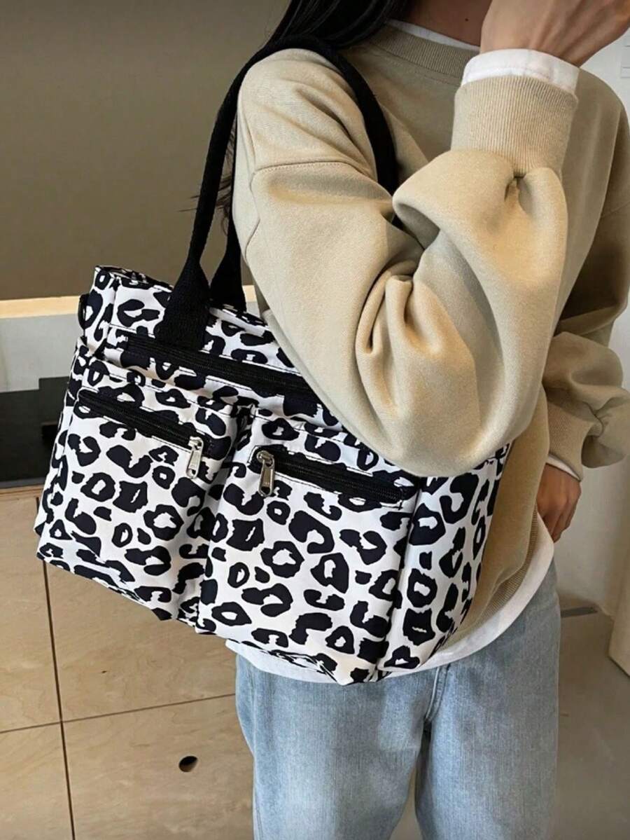 Chic Monochrome Print Commute Tote Bag, Double Front Zip Pockets Dual Carry Options Spacious Light Cloth Shoulder Bag For Students