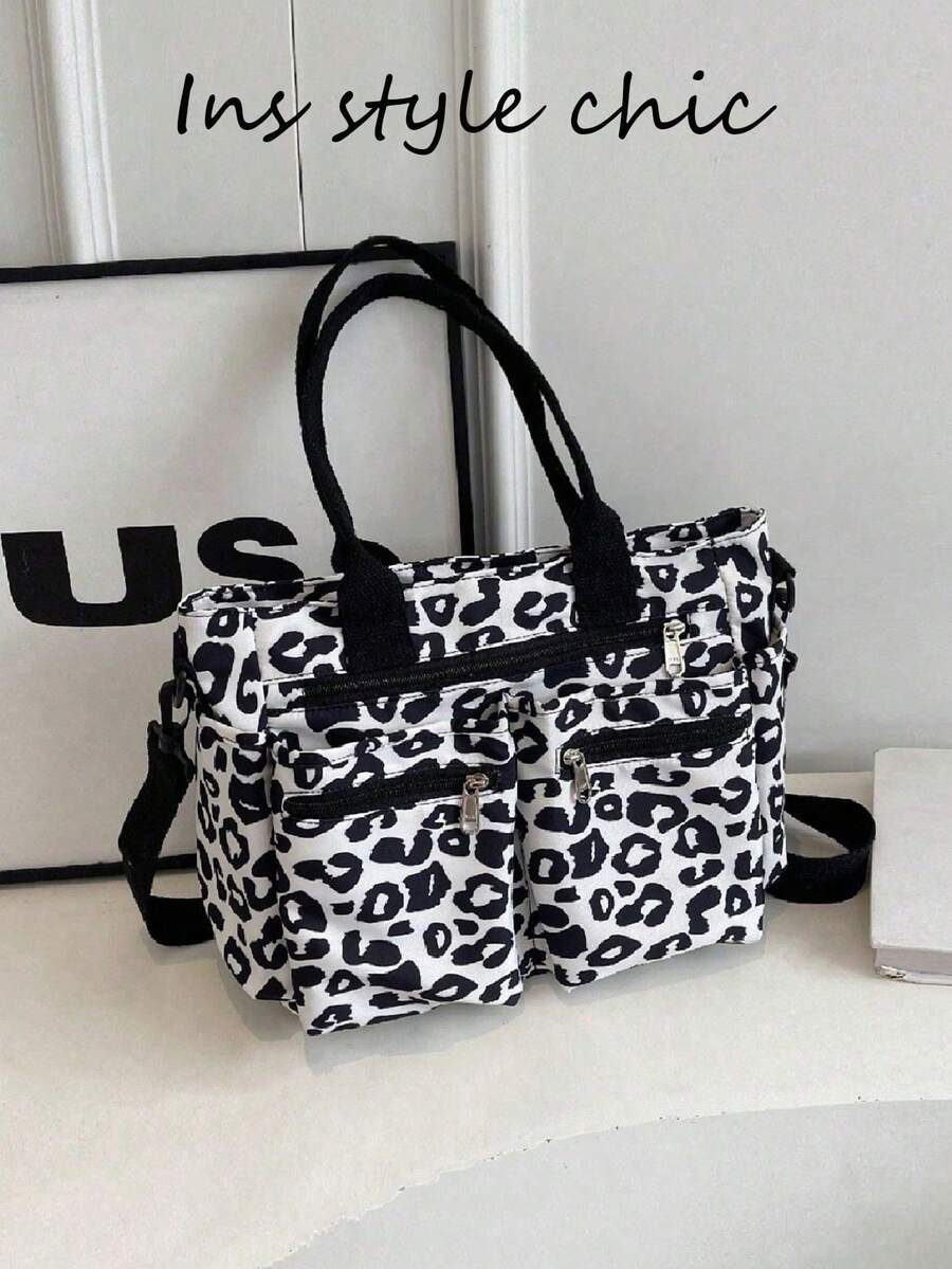 Chic Monochrome Print Commute Tote Bag, Double Front Zip Pockets Dual Carry Options Spacious Light Cloth Shoulder Bag For Students