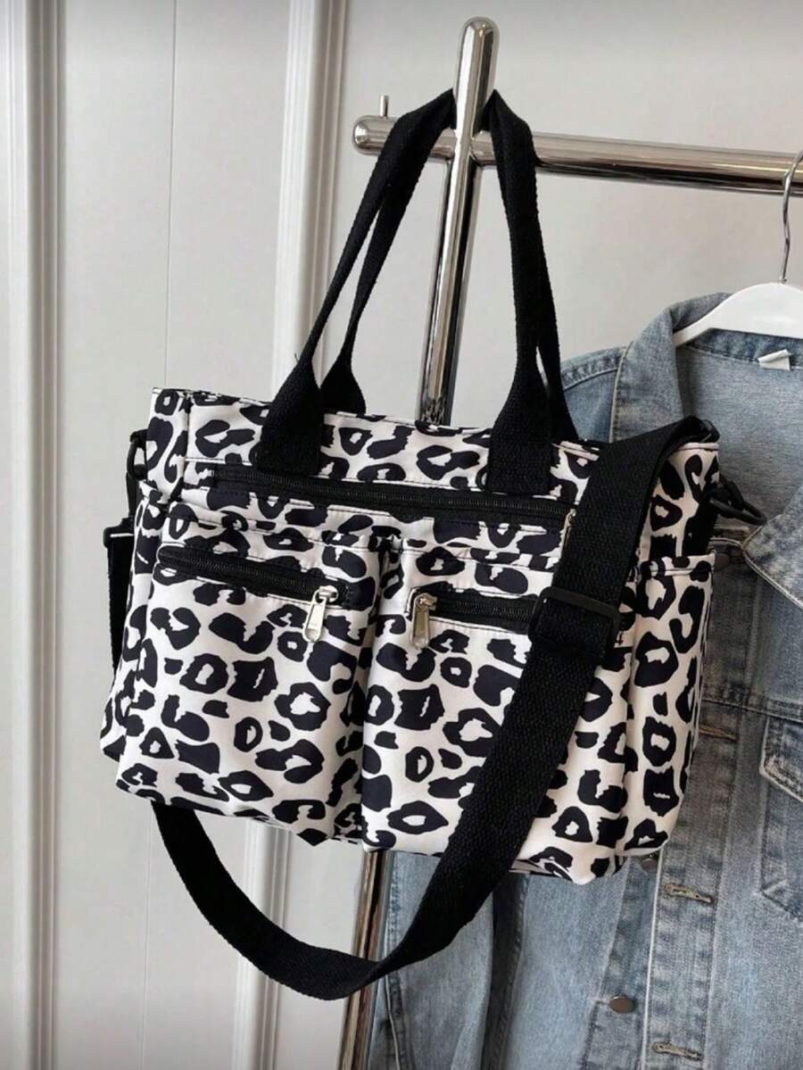 Chic Monochrome Print Commute Tote Bag, Double Front Zip Pockets Dual Carry Options Spacious Light Cloth Shoulder Bag For Students