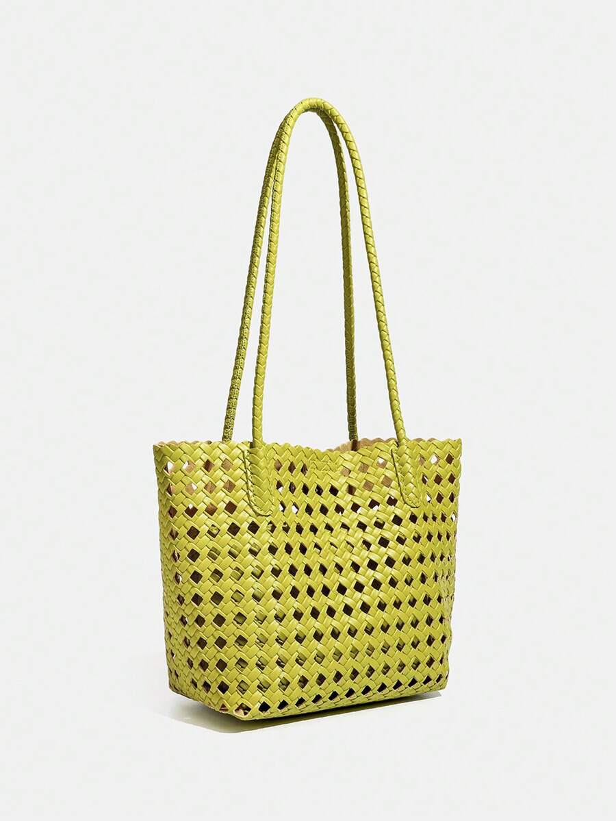 Woven Hollow Out Women's Shoulder Tote Bag, Summer Beach Handbag, Large Capacity Shopping Bag, Women's Casual Bag, Mother-Daughter Bag (PU)