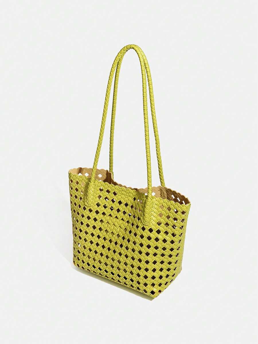 Woven Hollow Out Women's Shoulder Tote Bag, Summer Beach Handbag, Large Capacity Shopping Bag, Women's Casual Bag, Mother-Daughter Bag (PU)