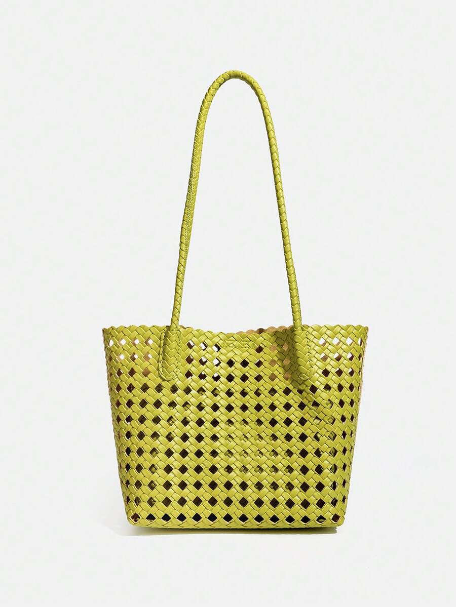 Woven Hollow Out Women's Shoulder Tote Bag, Summer Beach Handbag, Large Capacity Shopping Bag, Women's Casual Bag, Mother-Daughter Bag (PU)