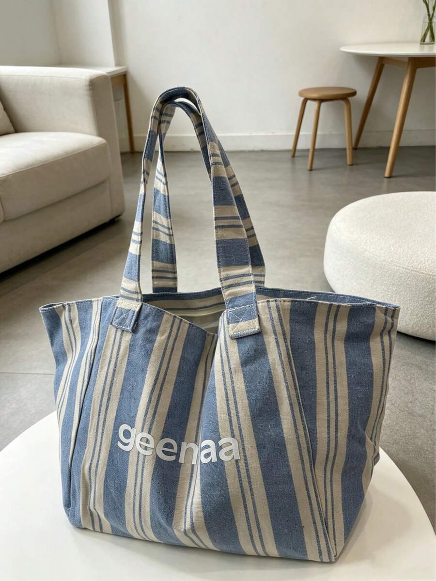 Fashion Striped Pattern Women's Tote Bag, Large Capacity Minimalist Letter Canvas Bag, College Style Casual Shopping Bag, Slouchy Chic High-End Shoulder Bag, Suitable For Daily Commute, Beach Vacation