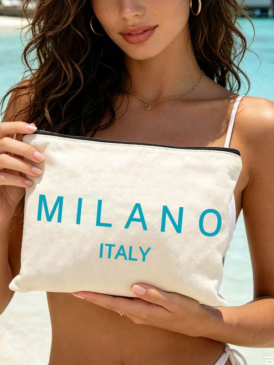 Large Capacity Blue And White Striped Tote Bag, Printed With "Milano Italy" Pattern, Fashionable Vintage Striped Design, Foldable Tote Bag, Multi-Functional Shoulder Bag, Sturdy Handles, Fashion Acces