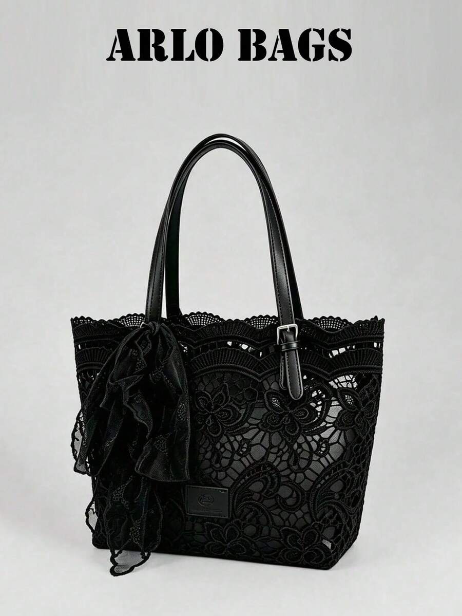 Floral Lace Crochet Hollow Lace Trim Square Sign Adjustable Shoulder Strap Detail Decoration Soft Elegant Style Tote Bag Women's Daily Commute Travel Shopping Handbag Shoulder Bag Atmospheric Large Ba
