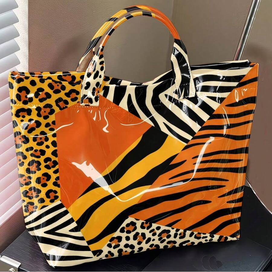 1pc Animal Print Stitching Tote Bag, Suitable For Leisure Portable Shopping Bags, Student Party Commuter Bags, Personalized Versatile Shoulder Bags.