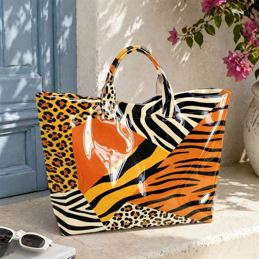 1pc Animal Print Stitching Tote Bag, Suitable For Leisure Portable Shopping Bags, Student Party Commuter Bags, Personalized Versatile Shoulder Bags.