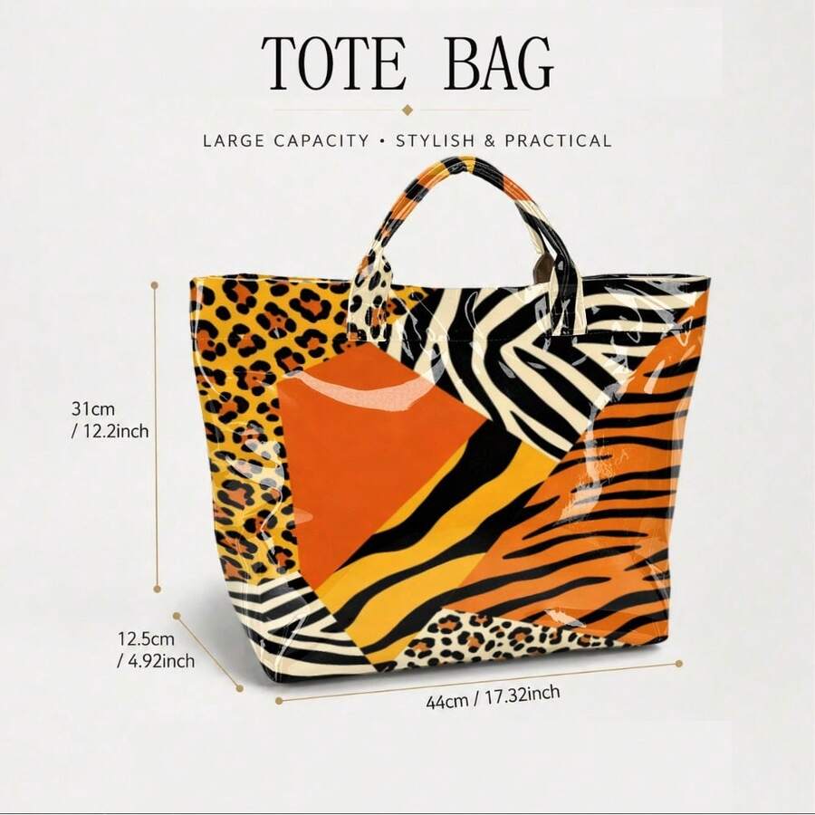 1pc Animal Print Stitching Tote Bag, Suitable For Leisure Portable Shopping Bags, Student Party Commuter Bags, Personalized Versatile Shoulder Bags.