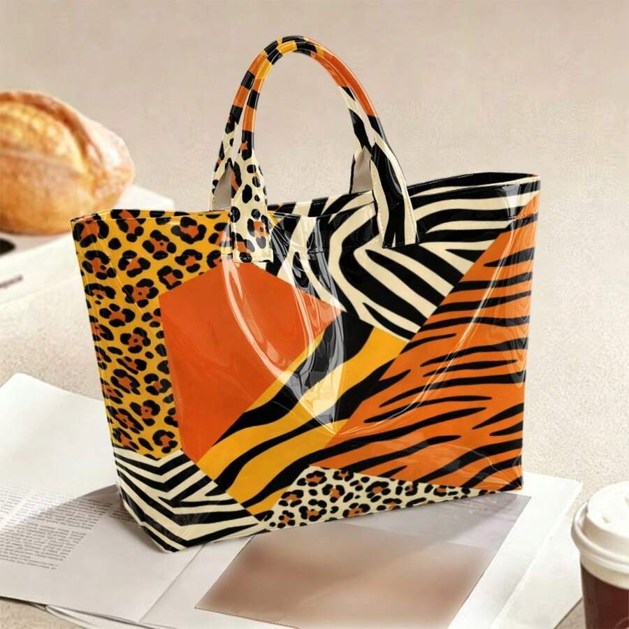 1pc Animal Print Stitching Tote Bag, Suitable For Leisure Portable Shopping Bags, Student Party Commuter Bags, Personalized Versatile Shoulder Bags.