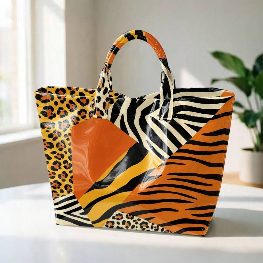 1pc Animal Print Stitching Tote Bag, Suitable For Leisure Portable Shopping Bags, Student Party Commuter Bags, Personalized Versatile Shoulder Bags.