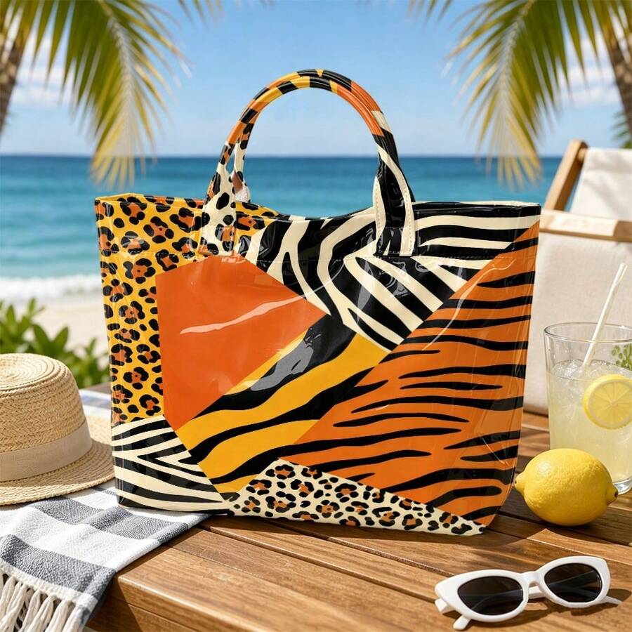 1pc Animal Print Stitching Tote Bag, Suitable For Leisure Portable Shopping Bags, Student Party Commuter Bags, Personalized Versatile Shoulder Bags.