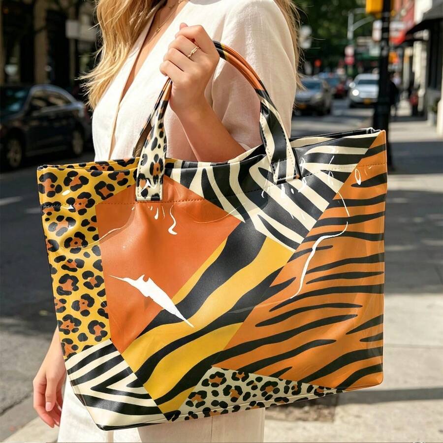 1pc Animal Print Stitching Tote Bag, Suitable For Leisure Portable Shopping Bags, Student Party Commuter Bags, Personalized Versatile Shoulder Bags.