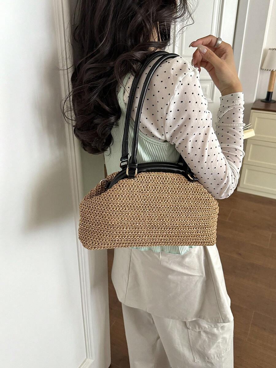 Korean Style Textured Large Capacity Chic Tote Bag 2026 New Fashion Straw Woven Shoulder Bag Minimalist Underarm Bag