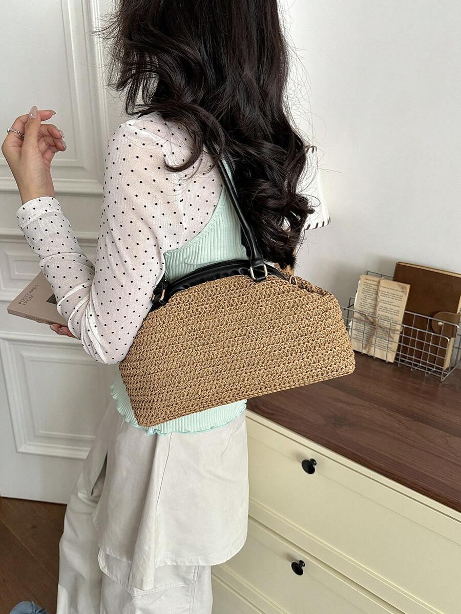 Korean Style Textured Large Capacity Chic Tote Bag 2026 New Fashion Straw Woven Shoulder Bag Minimalist Underarm Bag