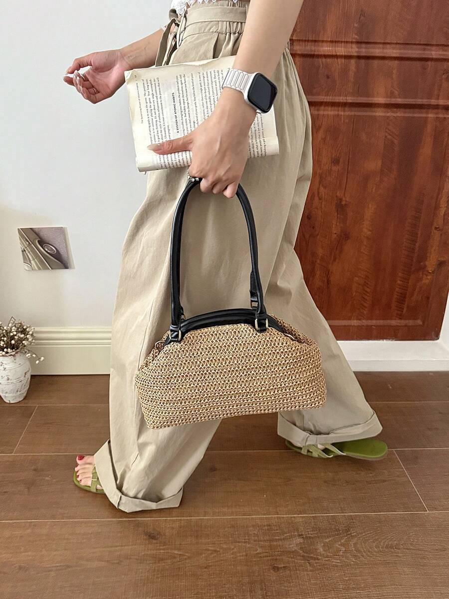 Korean Style Textured Large Capacity Chic Tote Bag 2026 New Fashion Straw Woven Shoulder Bag Minimalist Underarm Bag