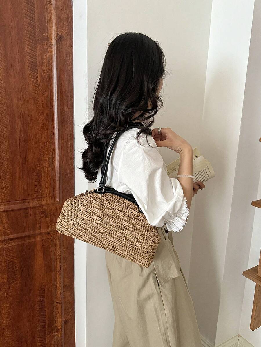 Korean Style Textured Large Capacity Chic Tote Bag 2026 New Fashion Straw Woven Shoulder Bag Minimalist Underarm Bag