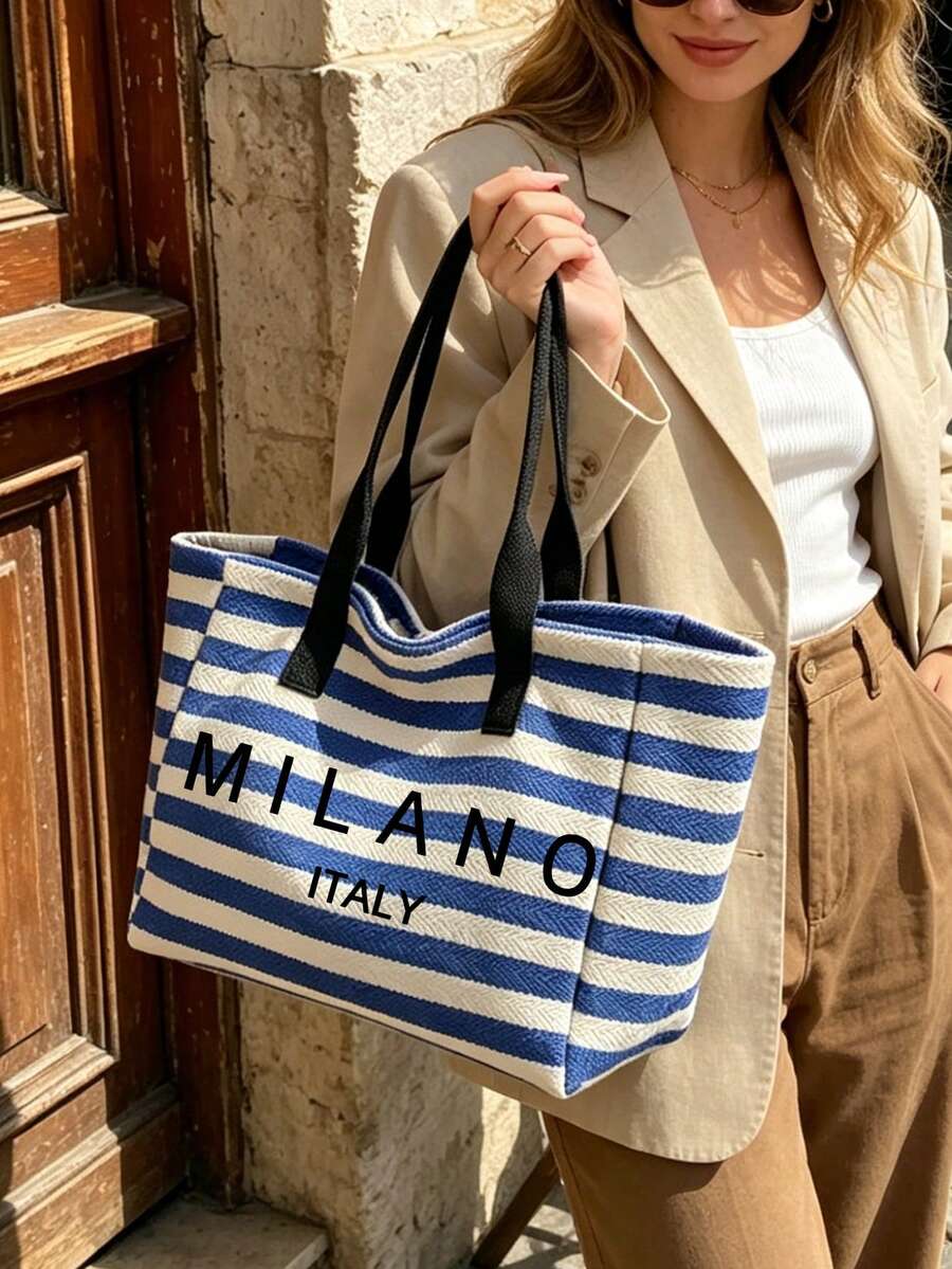 Large Capacity Blue And White Striped Tote Bag, Printed With "Milano Italy" Pattern, Fashionable Vintage Striped Design, Foldable Tote Bag, Multi-Functional Shoulder Bag, Sturdy Handle, Fashion Access