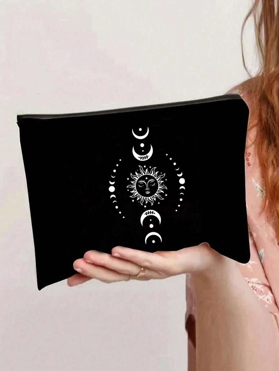 Sun Moon Star Print Canvas Shoulder Bag, Matching Small Makeup Bag, Coin Purse, Storage Bag, Personalized Wedding Gift Bag, Women's Bridesmaid Makeup Bag, Lightweight Shopping Bag, Teacher's Day Multi
