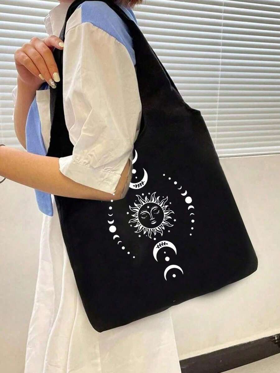 Sun Moon Star Print Canvas Shoulder Bag, Matching Small Makeup Bag, Coin Purse, Storage Bag, Personalized Wedding Gift Bag, Women's Bridesmaid Makeup Bag, Lightweight Shopping Bag, Teacher's Day Multi