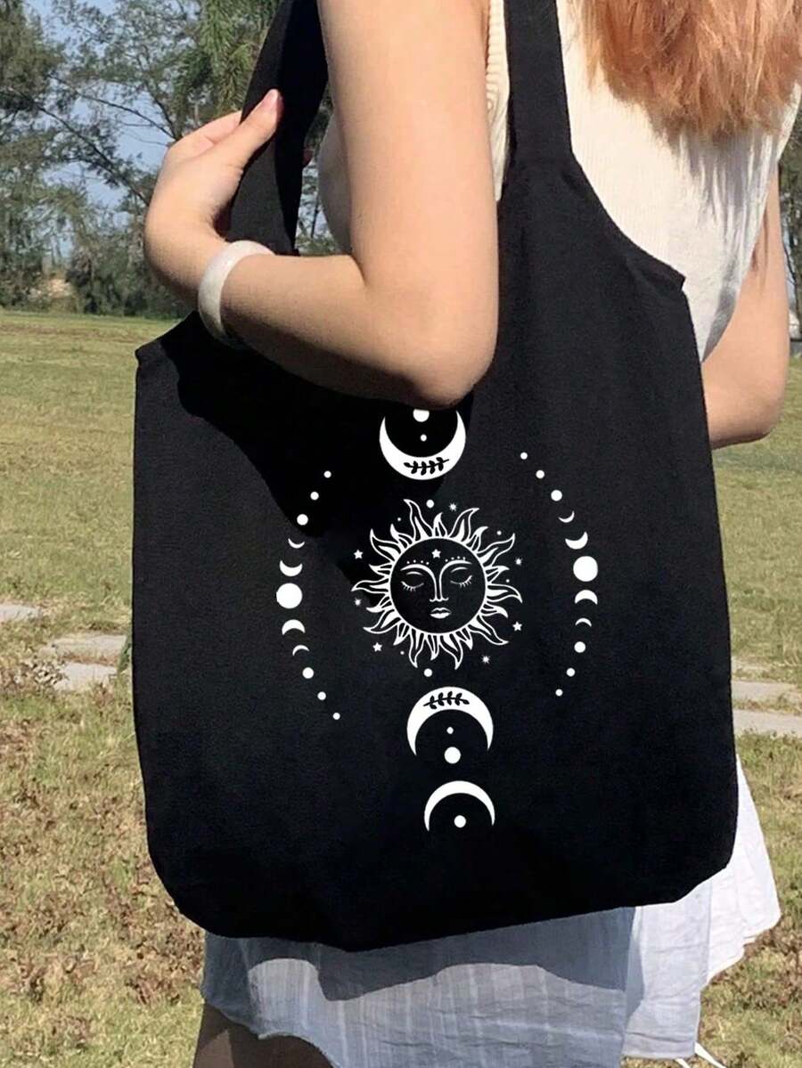 Sun Moon Star Print Canvas Shoulder Bag, Matching Small Makeup Bag, Coin Purse, Storage Bag, Personalized Wedding Gift Bag, Women's Bridesmaid Makeup Bag, Lightweight Shopping Bag, Teacher's Day Multi