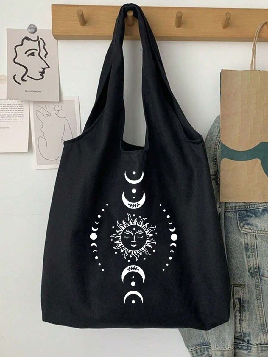 Sun Moon Star Print Canvas Shoulder Bag, Matching Small Makeup Bag, Coin Purse, Storage Bag, Personalized Wedding Gift Bag, Women's Bridesmaid Makeup Bag, Lightweight Shopping Bag, Teacher's Day Multi