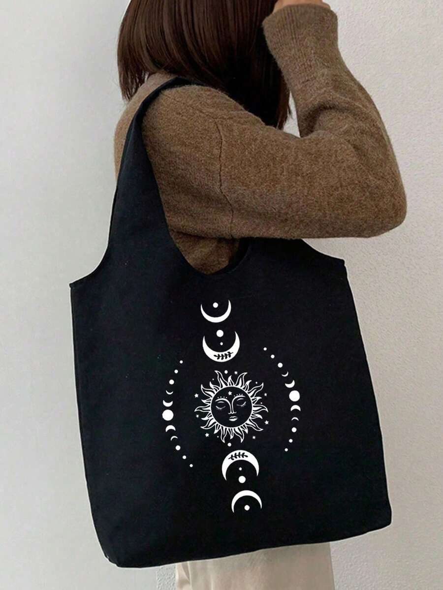 Sun Moon Star Print Canvas Shoulder Bag, Matching Small Makeup Bag, Coin Purse, Storage Bag, Personalized Wedding Gift Bag, Women's Bridesmaid Makeup Bag, Lightweight Shopping Bag, Teacher's Day Multi