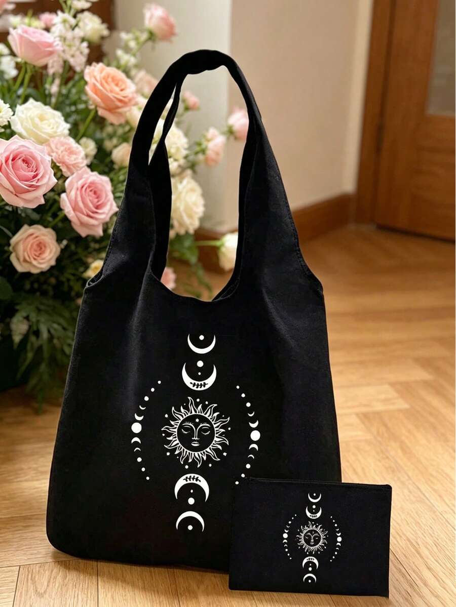 Sun Moon Star Print Canvas Shoulder Bag, Matching Small Makeup Bag, Coin Purse, Storage Bag, Personalized Wedding Gift Bag, Women's Bridesmaid Makeup Bag, Lightweight Shopping Bag, Teacher's Day Multi