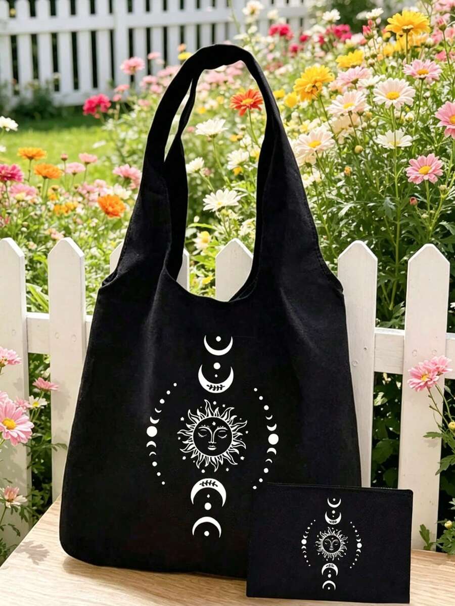 Sun Moon Star Print Canvas Shoulder Bag, Matching Small Makeup Bag, Coin Purse, Storage Bag, Personalized Wedding Gift Bag, Women's Bridesmaid Makeup Bag, Lightweight Shopping Bag, Teacher's Day Multi