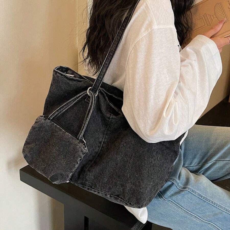 Women Vintage Acid Wash Denim Tote Bag, Large Capacity Multi Pocket Casual Shoulder Bag With Detachable Mini Coin Purse For School Commute Shopping Tr