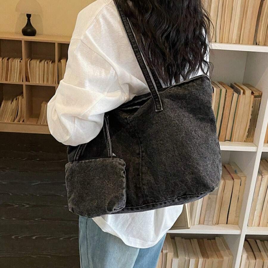 Women Vintage Acid Wash Denim Tote Bag, Large Capacity Multi Pocket Casual Shoulder Bag With Detachable Mini Coin Purse For School Commute Shopping Tr