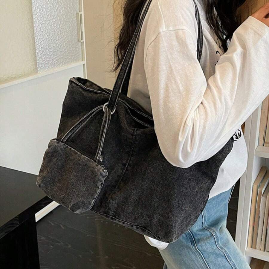 Women Vintage Acid Wash Denim Tote Bag, Large Capacity Multi Pocket Casual Shoulder Bag With Detachable Mini Coin Purse For School Commute Shopping Tr